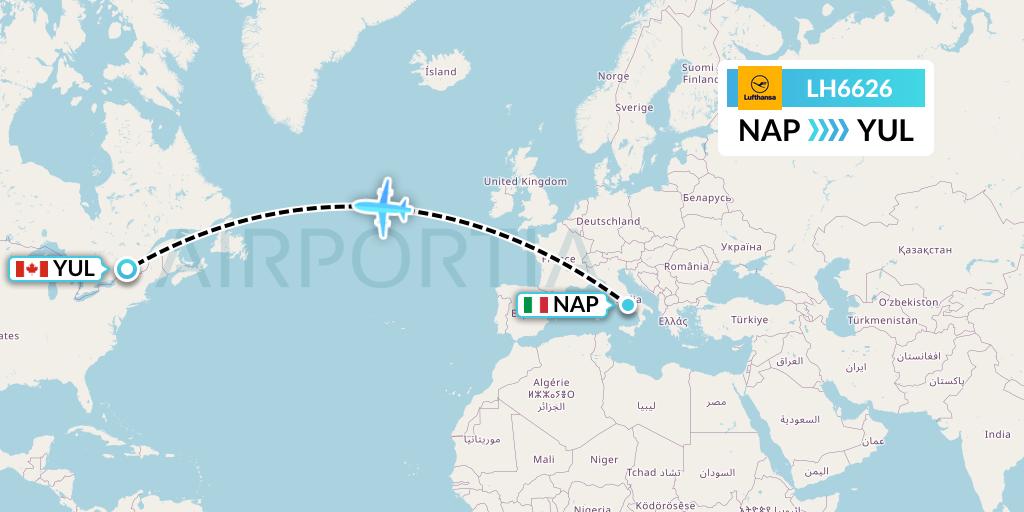 LH6626 Lufthansa Flight Map: Naples to Montreal