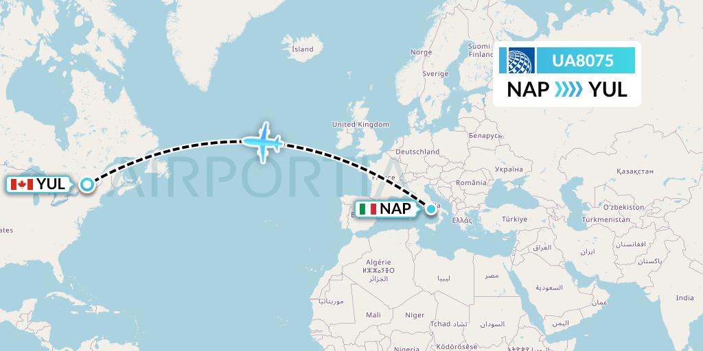 UA8075 United Airlines Flight Map: Naples to Montreal