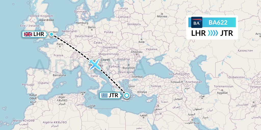 BA622 British Airways Flight Map: London to Santorini