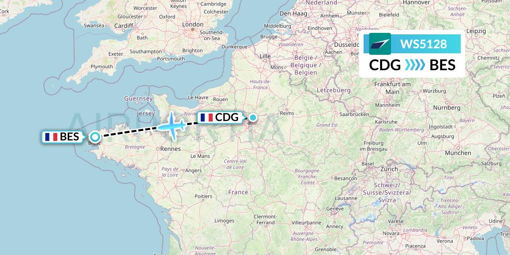 WS5128 WestJet Flight Map: Paris to Brest