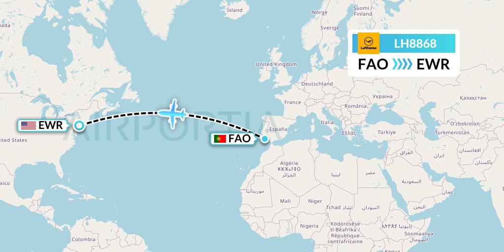 LH8868 Lufthansa Flight Map: Faro to New York