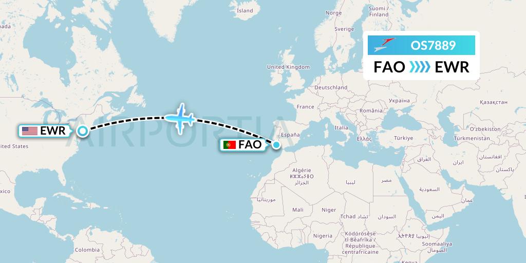OS7889 Austrian Airlines Flight Map: Faro to New York