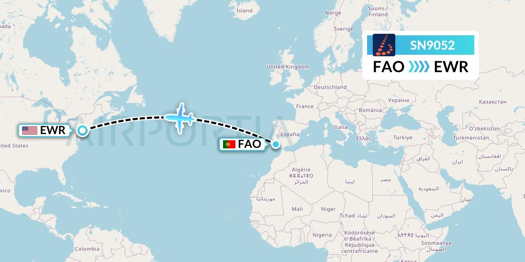 SN9052 Brussels Airlines Flight Map: Faro to New York