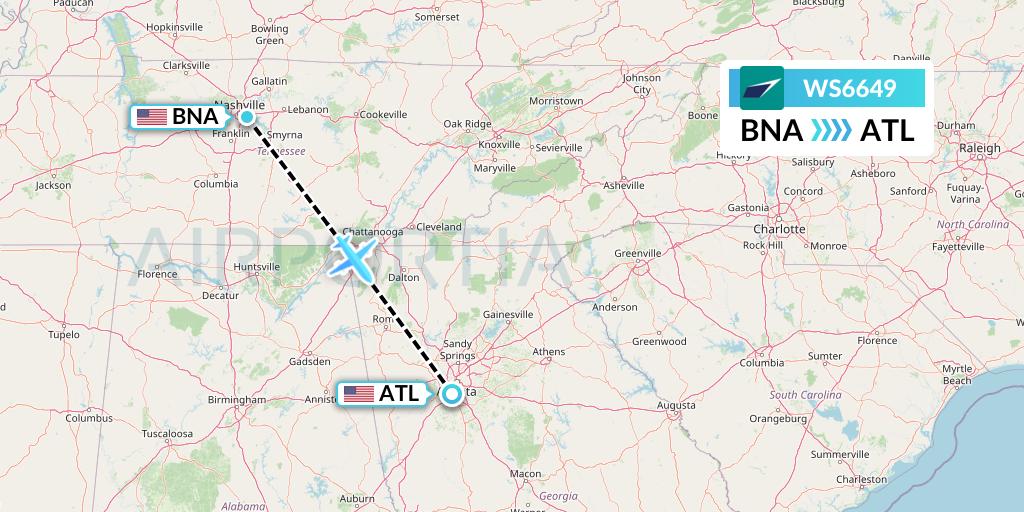 WS6649 WestJet Flight Map: Nashville to Atlanta