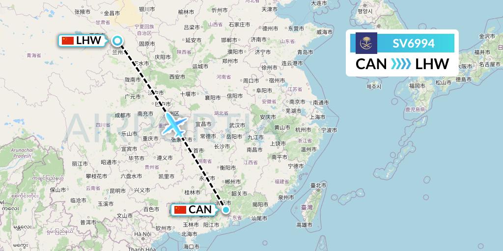 SV6994 Saudi Arabian Airlines Flight Map: Guangzhou to Lanzhou