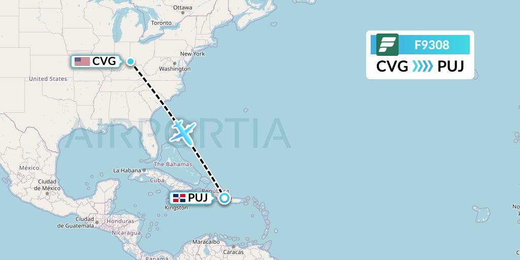 F9308 Frontier Airlines Flight Map: Cincinnati to Punta Cana