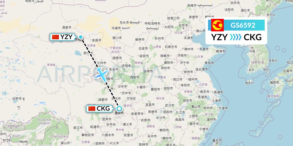 GS6592 Tianjin Airlines Flight Map: Zhangye to Chongqing