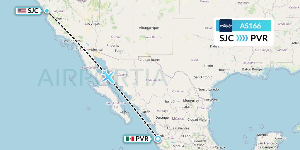 AS166 Alaska Airlines Flight Map: San Jose to Puerto Vallarta