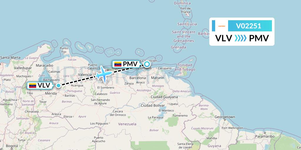 V02251 Conviasa Flight Map: Valera to Porlamar