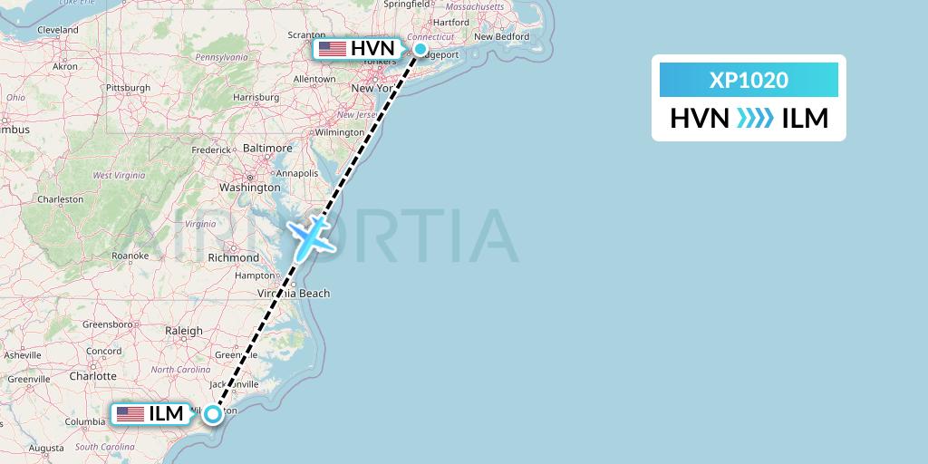 XP1020 Avelo Airlines Flight Map: New Haven to Wilmington