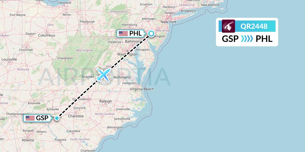 QR2448 Qatar Airways Flight Map: Greenville-Spartanburg to Philadelphia
