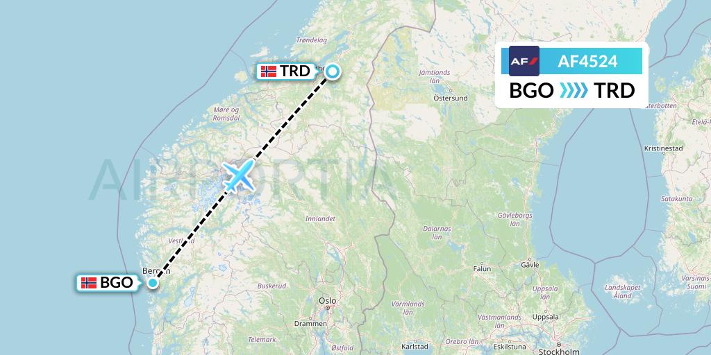 AF4524 Air France Flight Map: Bergen to Trondheim