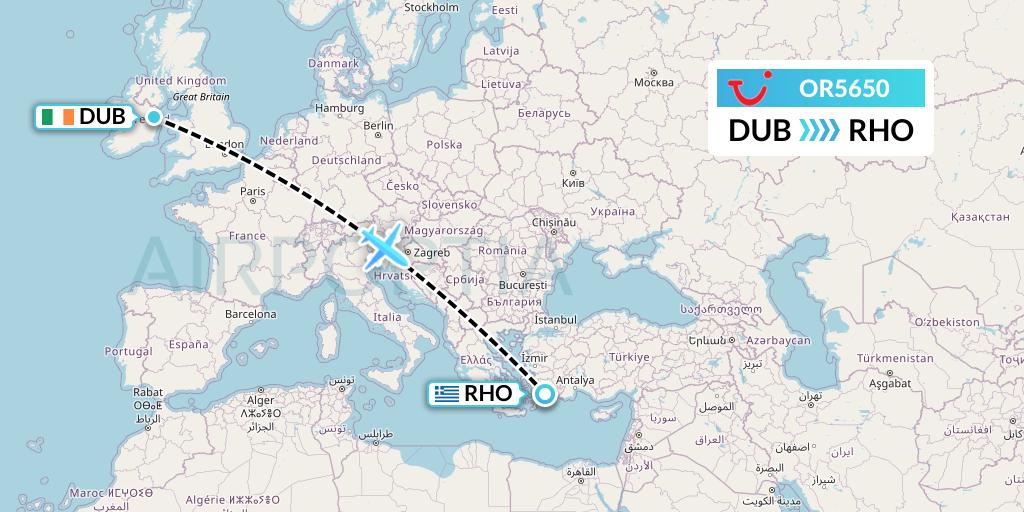 OR5650 TUI fly Netherlands Flight Map: Dublin to Rhodes