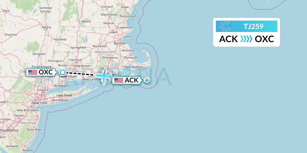 TJ259 Tradewind Aviation Flight Map: Nantucket to Oxford