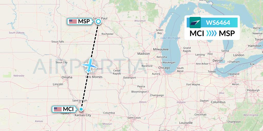 WS6464 WestJet Flight Map: Kansas City to Minneapolis