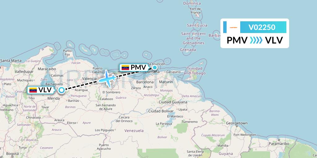 V02250 Conviasa Flight Map: Porlamar to Valera