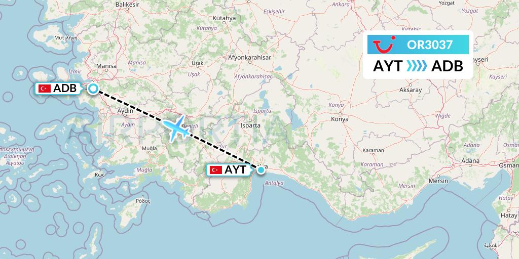 OR3037 TUI fly Netherlands Flight Map: Antalya to Izmir