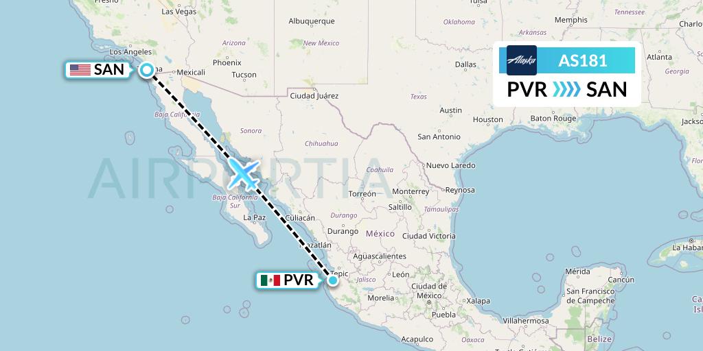 AS181 Alaska Airlines Flight Map: Puerto Vallarta to San Diego