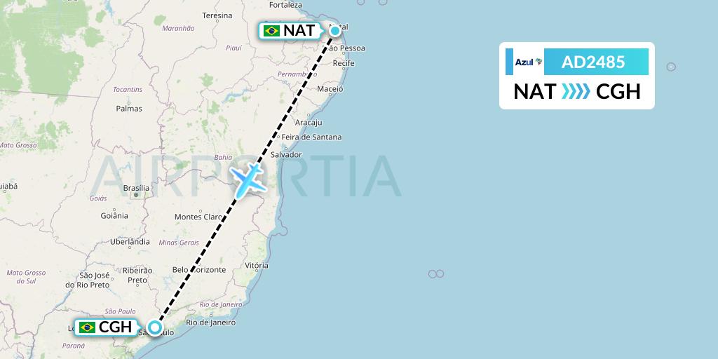 AD2485 Azul Brazilian Airlines Flight Map: Natal to Sao Paulo