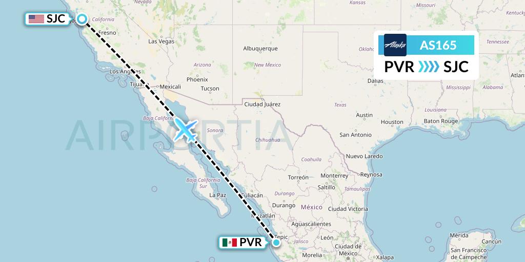 AS165 Alaska Airlines Flight Map: Puerto Vallarta to San Jose