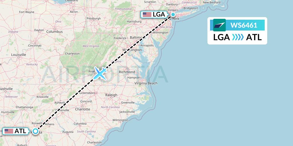 WS6461 WestJet Flight Map: New York to Atlanta