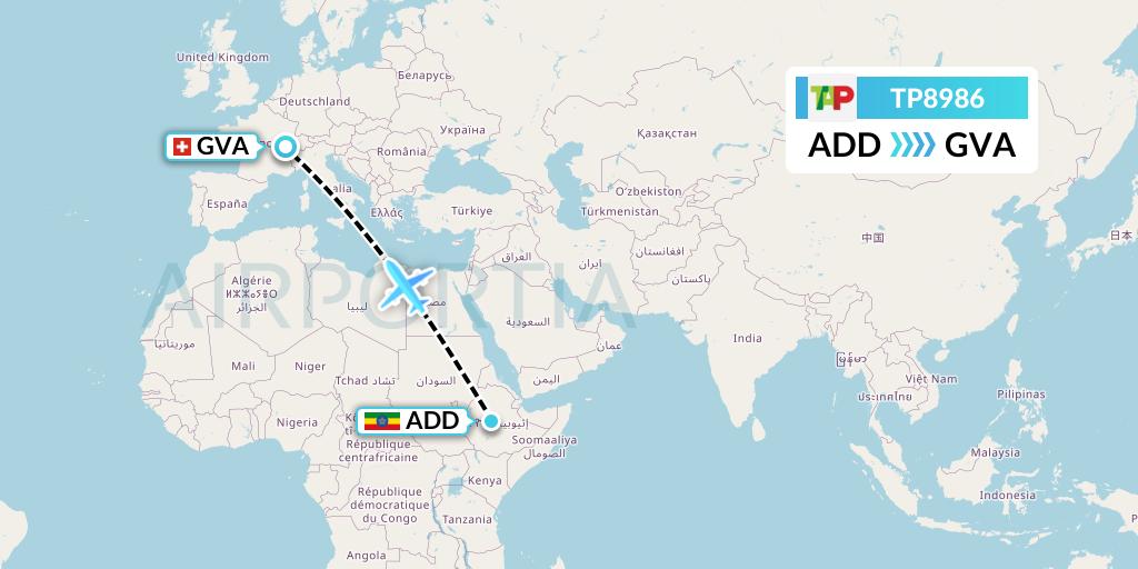 TP8986 TAP Portugal Flight Map: Addis Ababa to Geneva