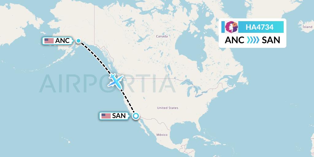 HA4734 Hawaiian Airlines Flight Map: Anchorage to San Diego
