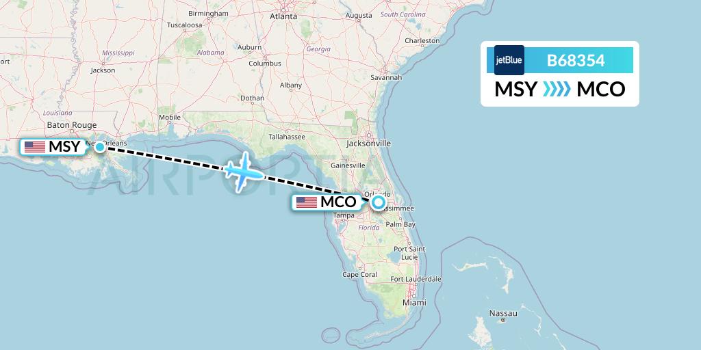 B68354 JetBlue Airways Flight Map: New Orleans to Orlando