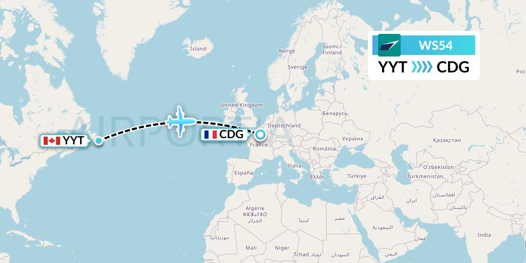WS54 WestJet Flight Map: St. John's to Paris