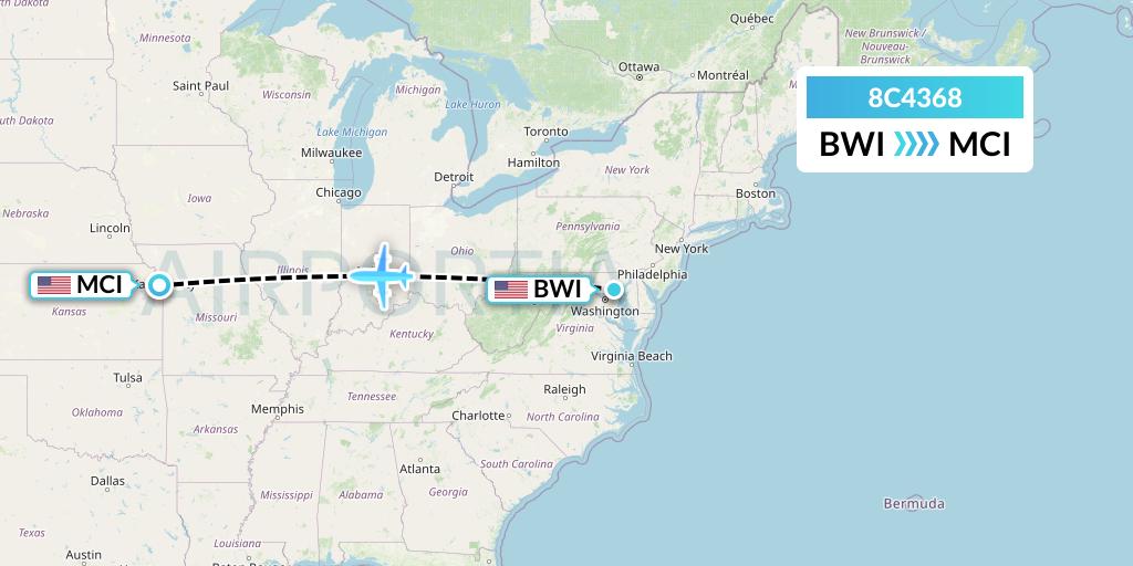8C4368 Air Transport International Flight Map: Baltimore to Kansas City
