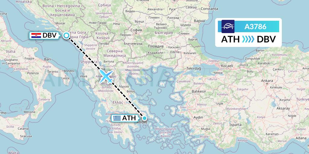 A3786 Aegean Airlines Flight Map: Athens to Dubrovnik