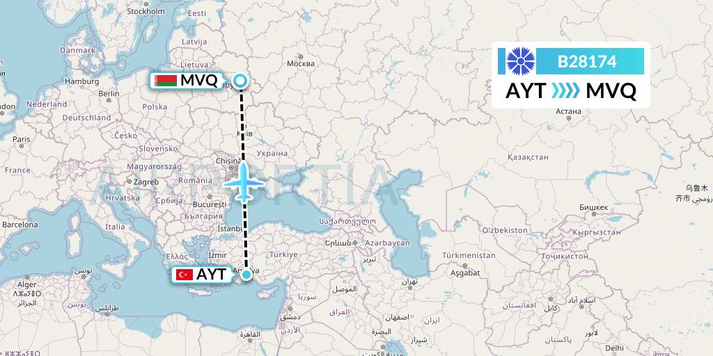 B28174 Belavia Flight Map: Antalya to Mogilev