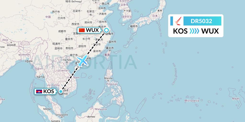 DR5032 Ruili Airlines Flight Map: Sihanoukville to Wuxi