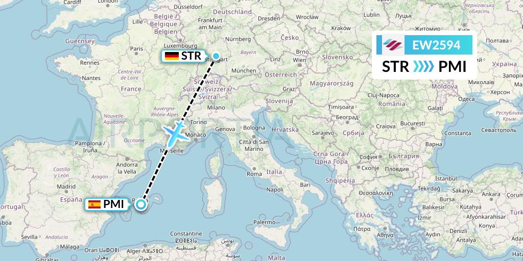 EW2594 Eurowings Flight Map: Stuttgart to Palma de Mallorca