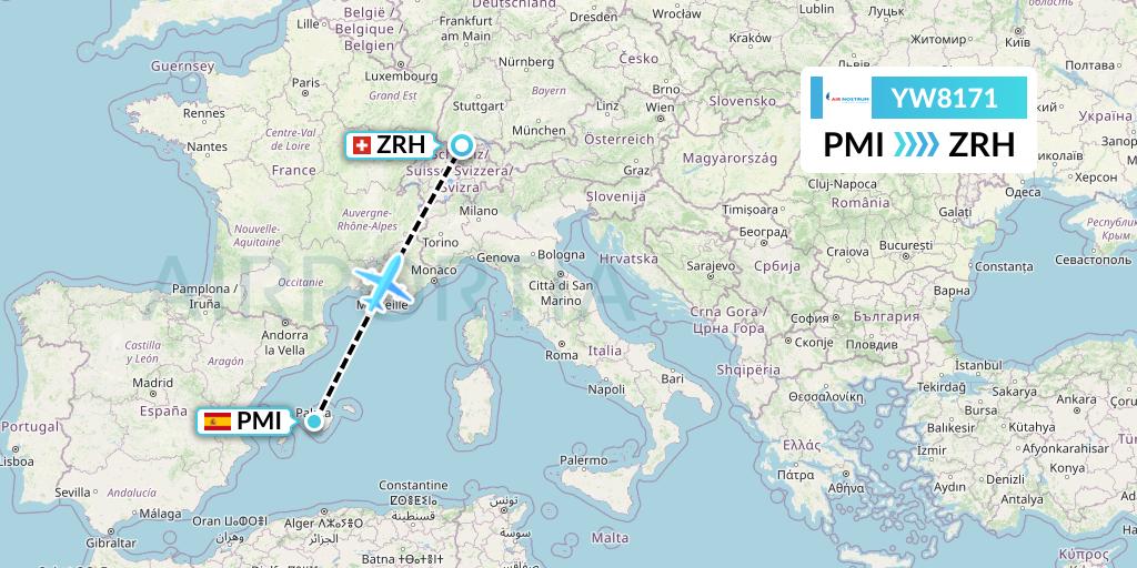 YW8171 Air Nostrum Flight Map: Palma de Mallorca to Zurich