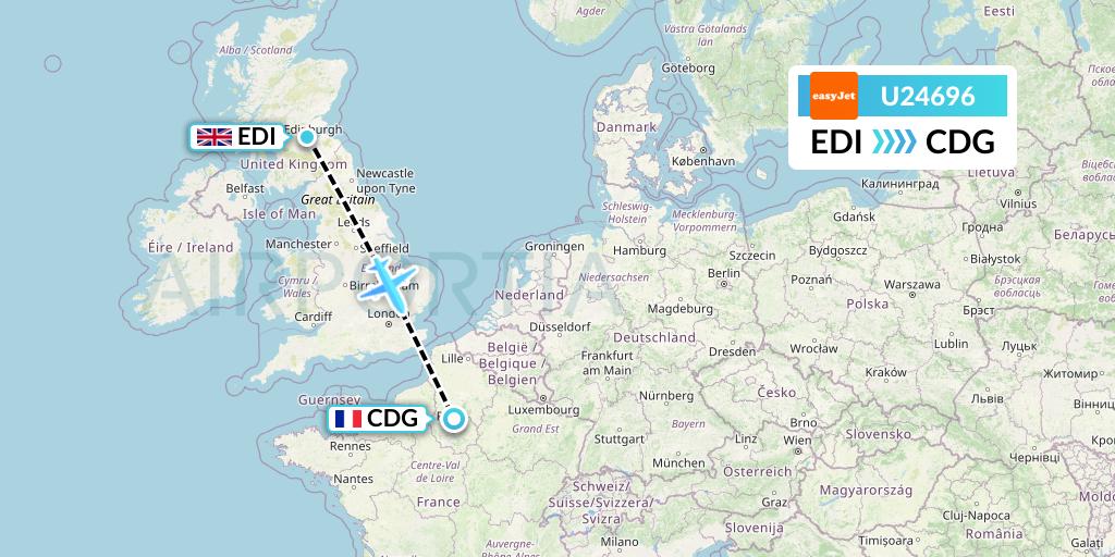 U24696 EasyJet Flight Map: Edinburgh to Paris