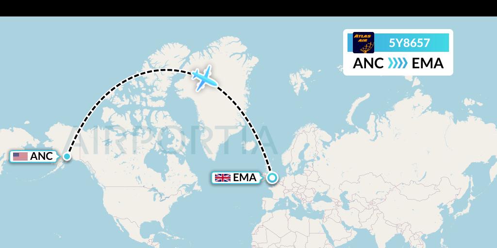 5Y8657 Atlas Air Flight Map: Anchorage to East Midlands