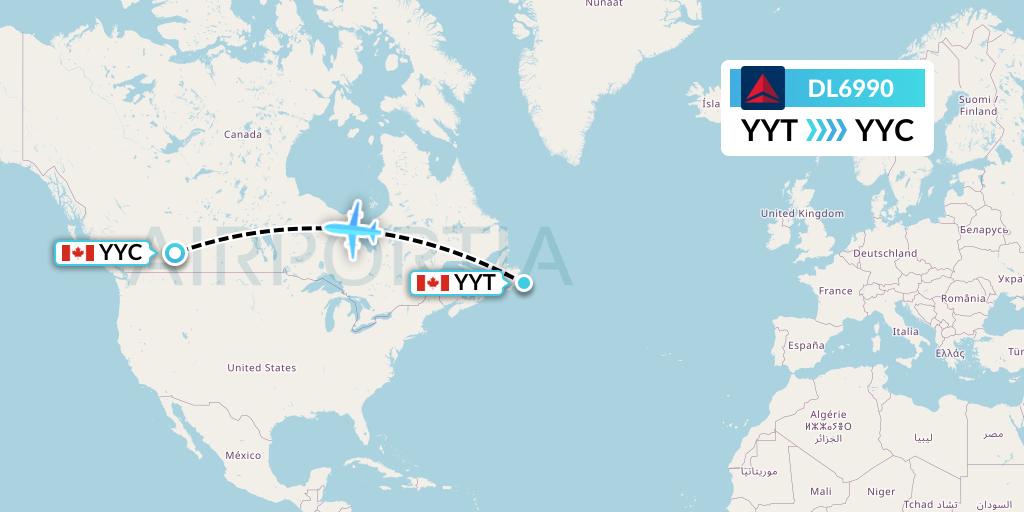 DL6990 Delta Air Lines Flight Map: St. John's to Calgary