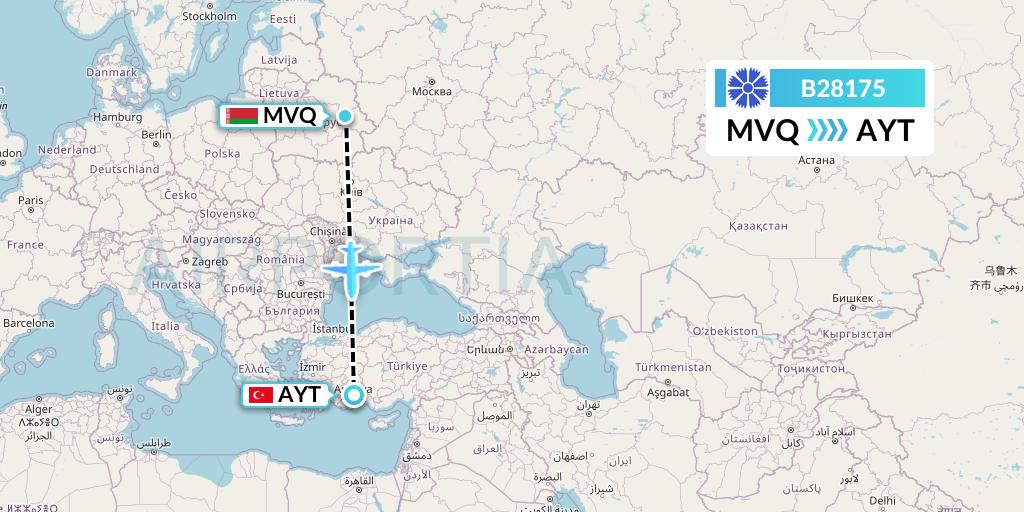 B28175 Belavia Flight Map: Mogilev to Antalya