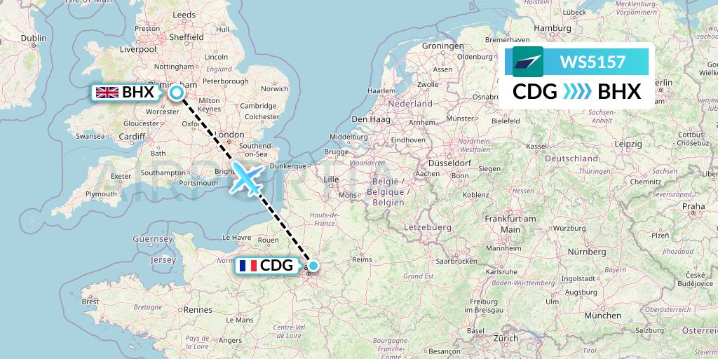 WS5157 WestJet Flight Map: Paris to Birmingham