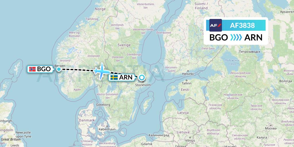 AF3838 Air France Flight Map: Bergen to Stockholm