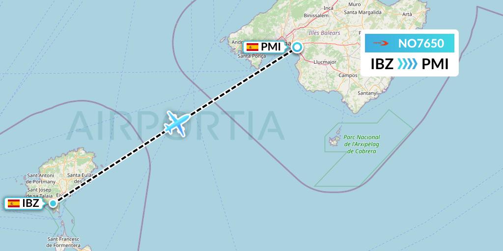 NO7650 Neos Flight Map: Ibiza to Palma de Mallorca