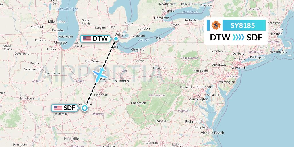 SY8185 Sun Country Airlines Flight Map: Detroit to Louisville