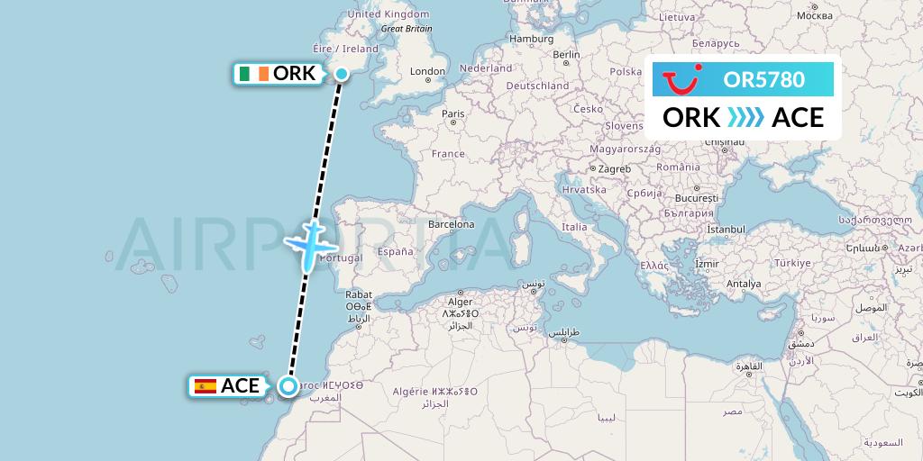 OR5780 TUI fly Netherlands Flight Map: Cork to Lanzarote