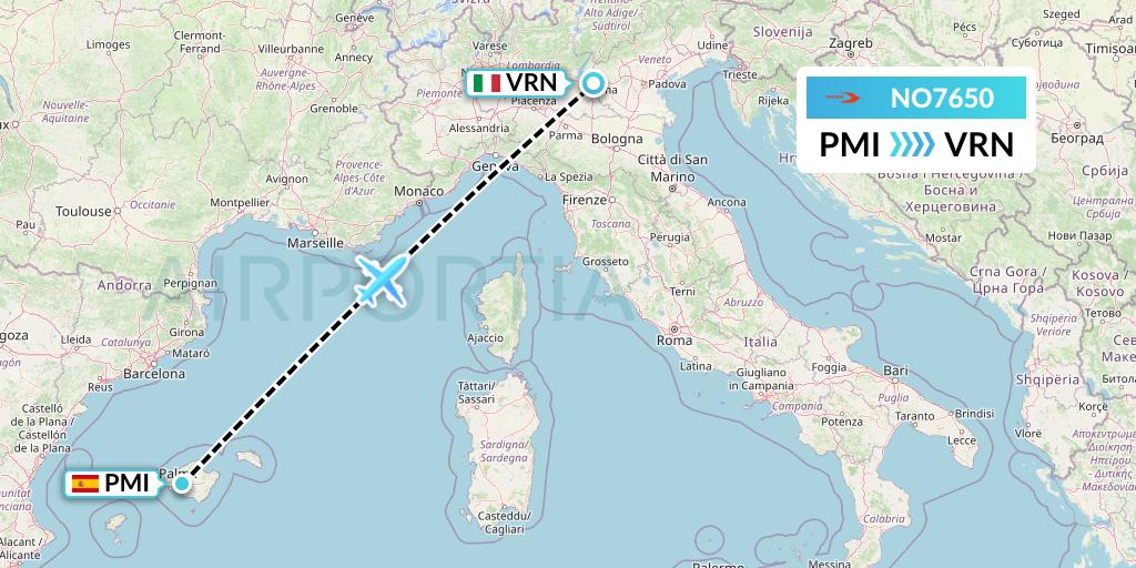 NO7650 Neos Flight Map: Palma de Mallorca to Verona