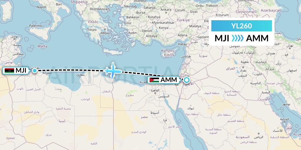 YL260 Libyan Wings Flight Map: Tripoli to Amman