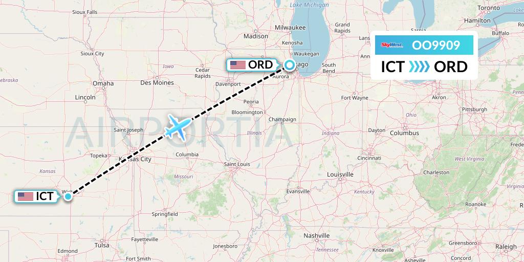 OO9909 SkyWest Airlines Flight Map: Wichita to Chicago