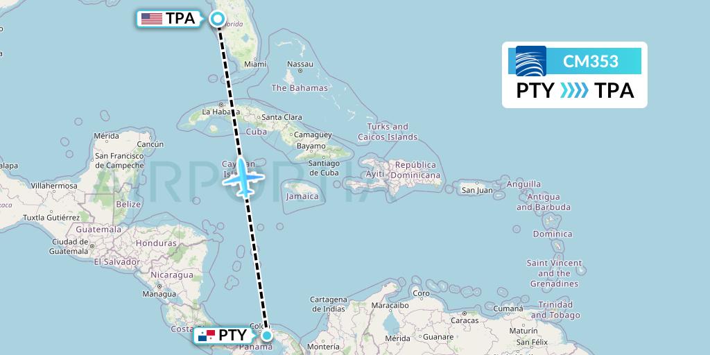 CM353 Copa Airlines Flight Map: Panama City to Tampa