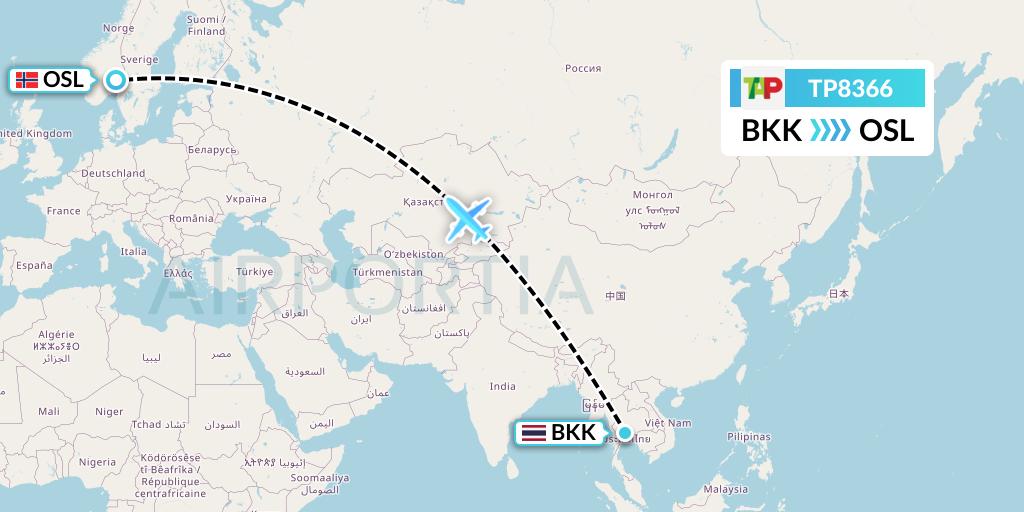 TP8366 TAP Portugal Flight Map: Bangkok to Oslo