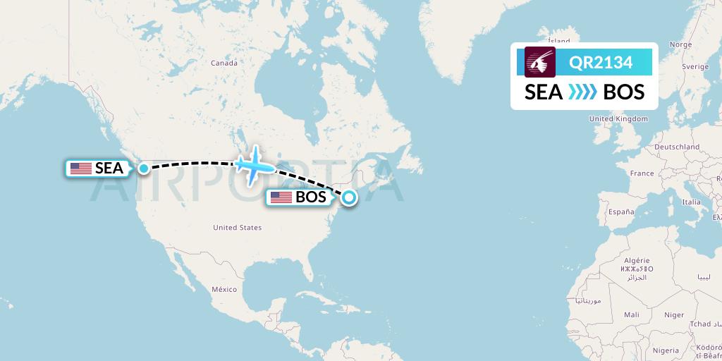QR2134 Qatar Airways Flight Map: Seattle to Boston